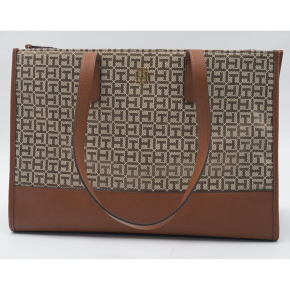 Tommy Hilfiger Allover Logo Tote Jacquard Handbag Brown 16.5" x 6.5" x 11.25" - Picture 2 of 9